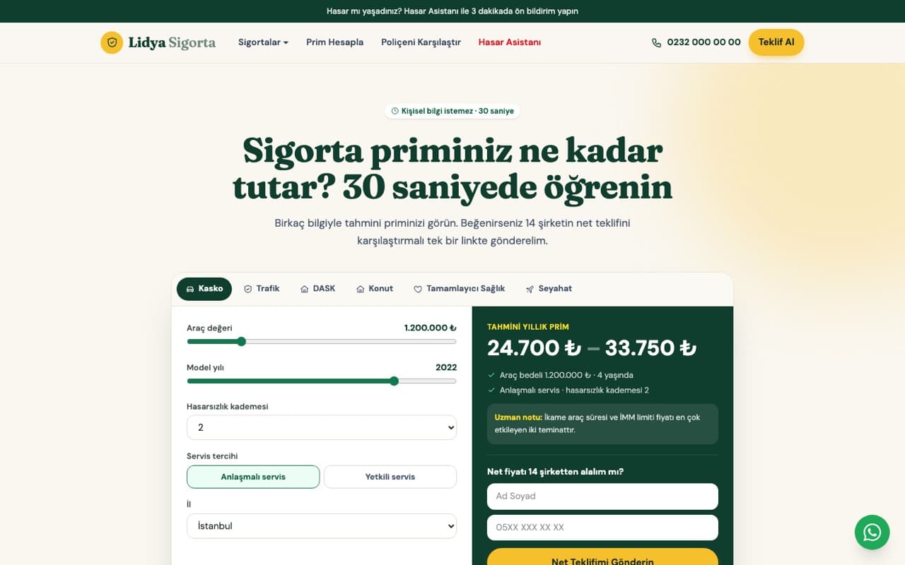 Lidya Sigorta: Prim Hesaplayıcı ve Teklif Linki